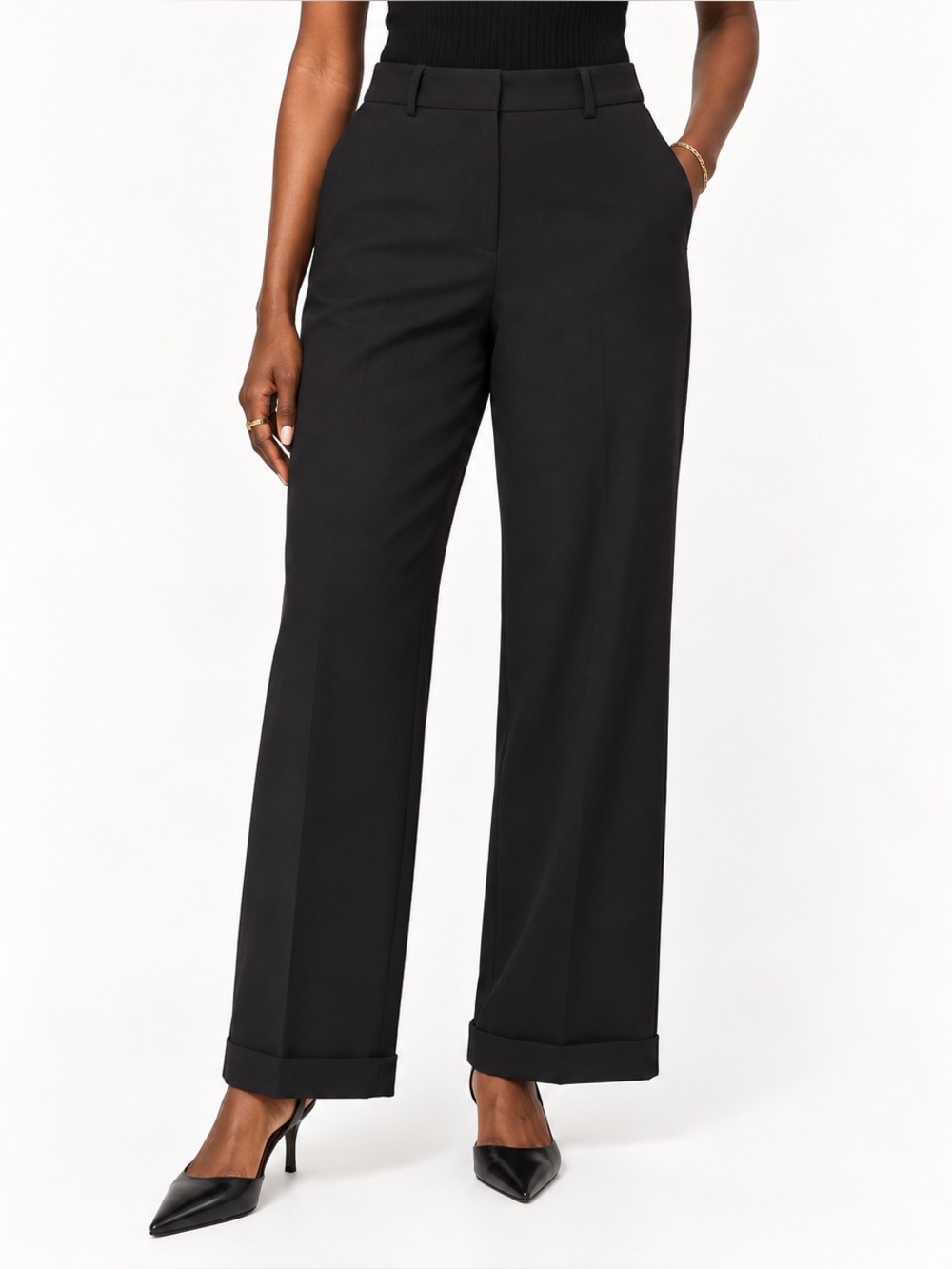 Eddie Bauer Black Wide Leg Cuffed Dress Pants Stretch Career Office Trousers 8